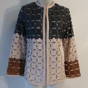 Caban Romantic Navy Blush Brown Laser Cut Leather Applications Jacket 48 US/XL​